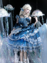 YingLuoFu - Blue Breath Jellyfish - Classic Lolita Jumper Dress, Side Zipper