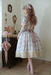 Moon River - Elegant Lolita OP Dress Short Sleeve Square Neckline Print Dress