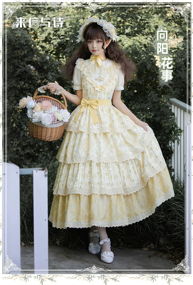 With PUJI - Letter and Poetry Sunflower Matters - Country Lolita JSK Embroidered Printed Lolita Dress