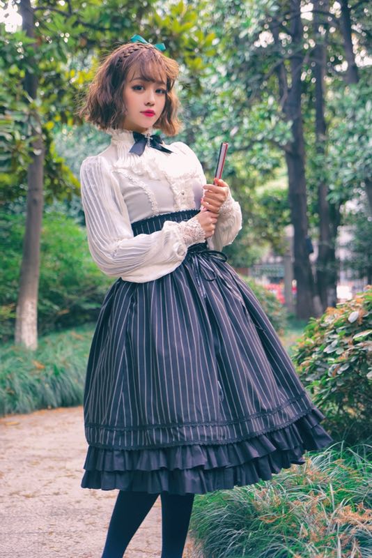 Surface Spell-Gothic Lolita High Waisted Stripe Skirt Customizable