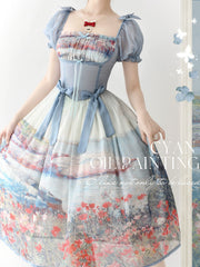 Lo-cyan Lolita - Island Garden - Elegant Lolita OP Dress Oil Painting Print V-Waist Bow Dress
