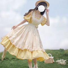 HuTaoMuJK - Belle - Yellow Lolita OP Dress Set Apron Dress Plaid Print