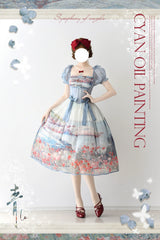 Lo-cyan Lolita - Island Garden - Elegant Lolita OP Dress Oil Painting Print V-Waist Bow Dress