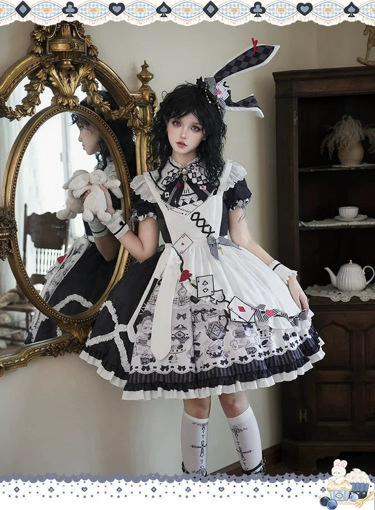 YingLuoFu - Alice - Kawaii Lolita OP Dress, Rabbit & Playing Card Motifs