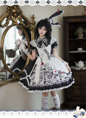 YingLuoFu - Alice - Kawaii Lolita OP Dress, Rabbit & Playing Card Motifs