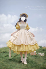 HuTaoMuJK - Belle - Yellow Lolita OP Dress Set Apron Dress Plaid Print