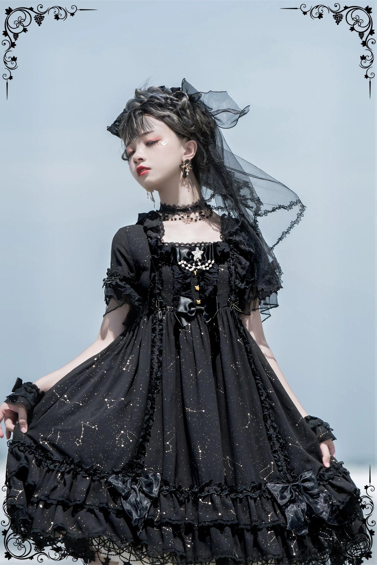 Sakuya Lolita - Whisper of Stars - Vintage Lolita OP Dress Constellation-themed Black Lolita Dress
