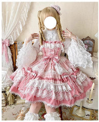 Qianmu - Girl's Secret - Pink Sweet Lolita JSK Dress with Lace and Bow Trailing