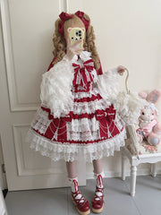Hanguliang - Cross Heart Knot - Sweet Lolita JSK Suit Tiered Ruffles Dress with Lace Blouse