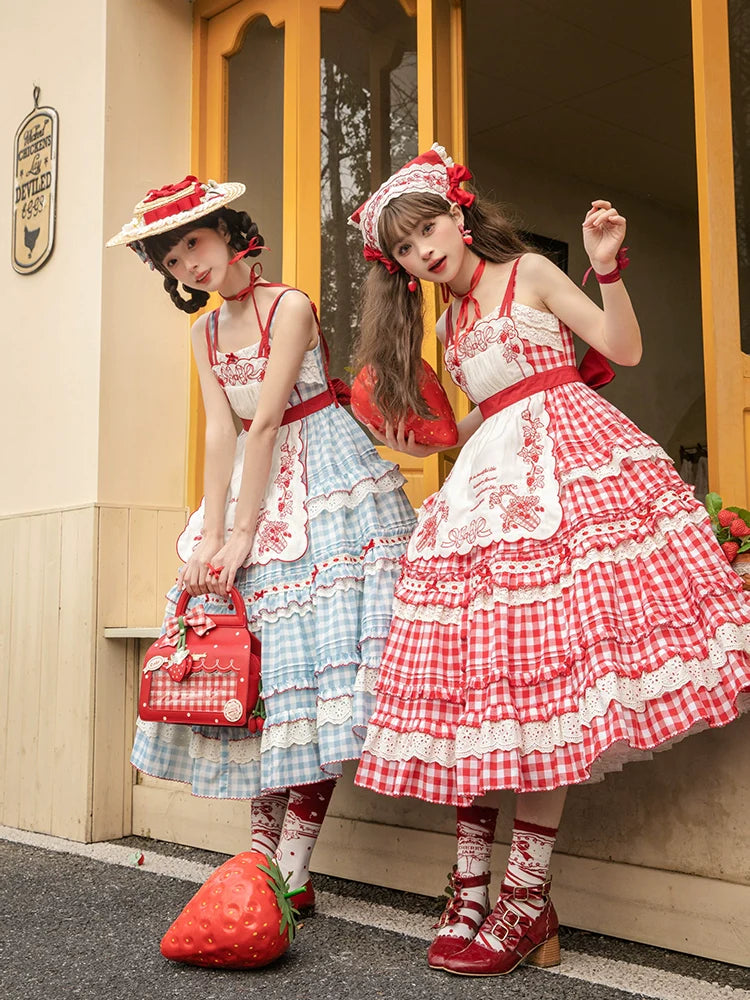 Flower and Pearl Box - Strawberry Basket - Country Lolita Dress Plaid Summer Spring Dress