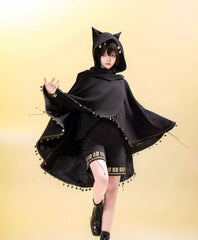 Princess Chronicles - Black Cat - Black Ouji Lolita Cape with Cool Cat Ear Hood