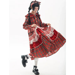 Soso Meme Club - Vintage Lolita OP Dress Red Lolita Plaid Dress for Spring Summer