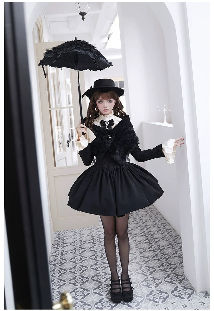 With PUJI - Old Testament - Classic Lolita Coat Black Plush Lolita Cape and Brooch