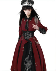 CHUNLV LOLITA - Crimson Knight - Military Lolita Dress Outfit Red OP Black Cloak Waistband