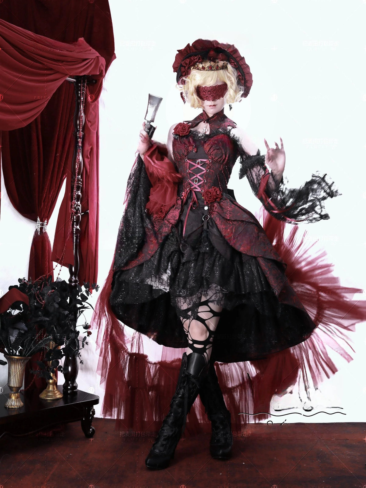 Cornfield Lolita - Rose Blood - Black Red Gothic Lolita JSK Jacquard Court Dress