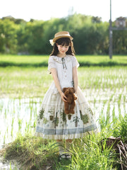 Piggy Bun - Potted Plant - Country Lolita Dress, Green Plant Print