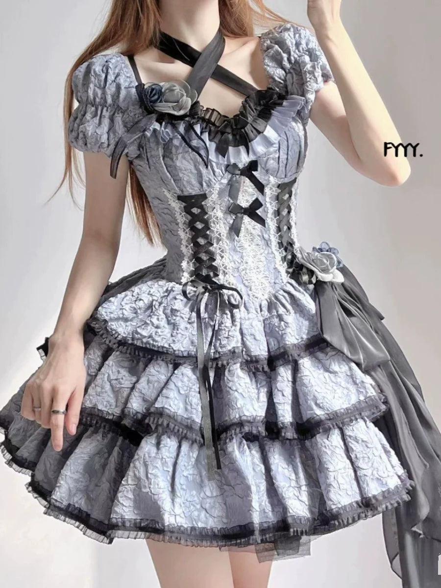 Xingweimian - Medea's Kiss - Gothic Lolita OP Dress Short-Sleeved Black-blue Dress Set