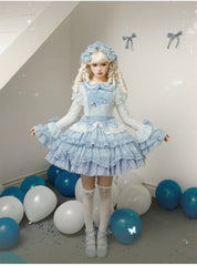 Honey Machine - Blue Whale - Sweet Lolita OP Suit Tiered Ruffle Dress with Shell Lace