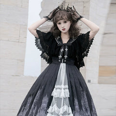 Cornfield Lolita - Silent Church - Gothic Lolita JSK Front Open Printed Dress and Thin Cardigan Set