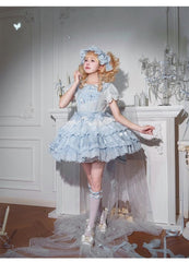 Honey Machine - Blue Whale - Sweet Lolita OP Suit Tiered Ruffle Dress with Shell Lace
