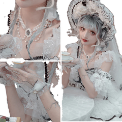 Cat Fairy - Dark Starry Night - Wedding Lolita Bonnet Bridal Mesh Gloves and Necklace