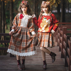 Miss Point - Chubby Fox in the Forest - Customized Lolita OP Dress Plaid Loose Daily Dress