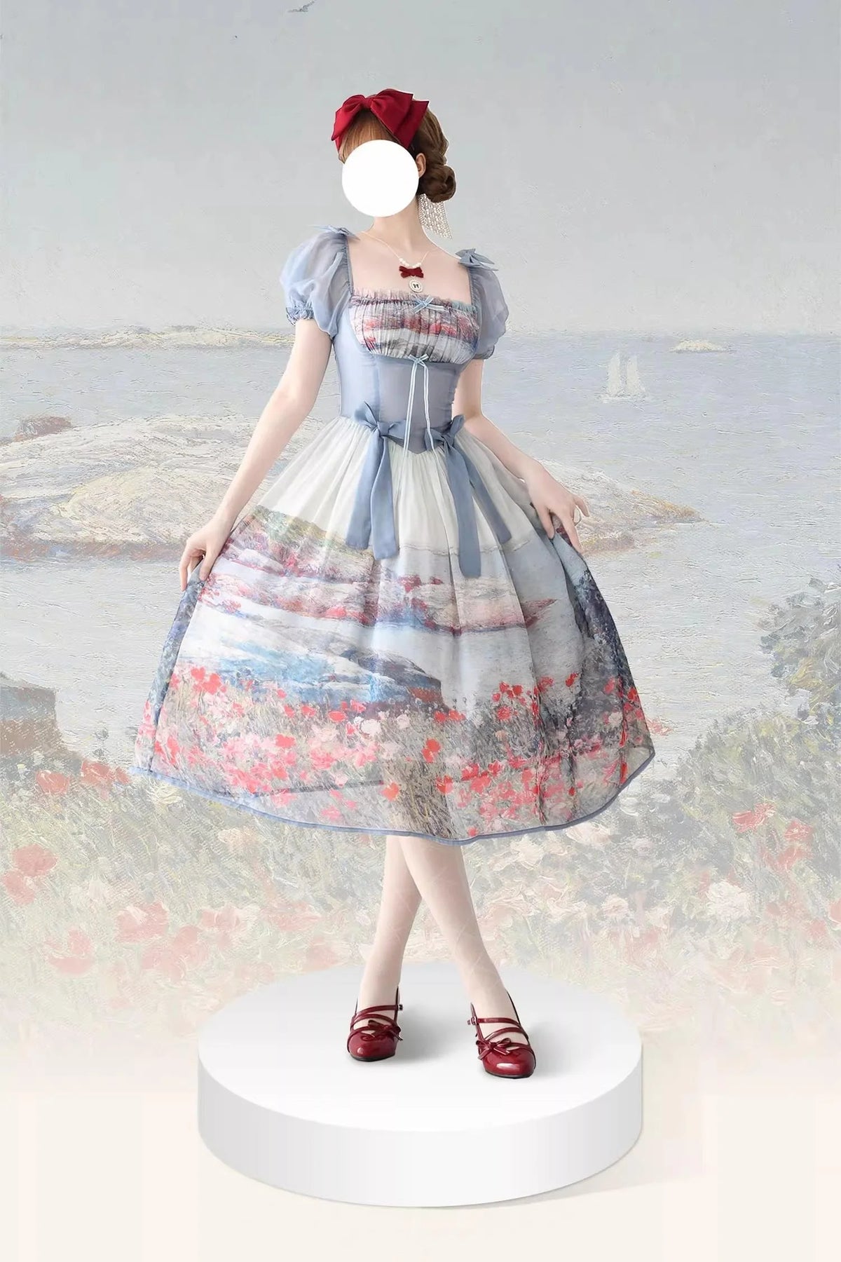 Lo-cyan Lolita - Island Garden - Elegant Lolita OP Dress Oil Painting Print V-Waist Bow Dress