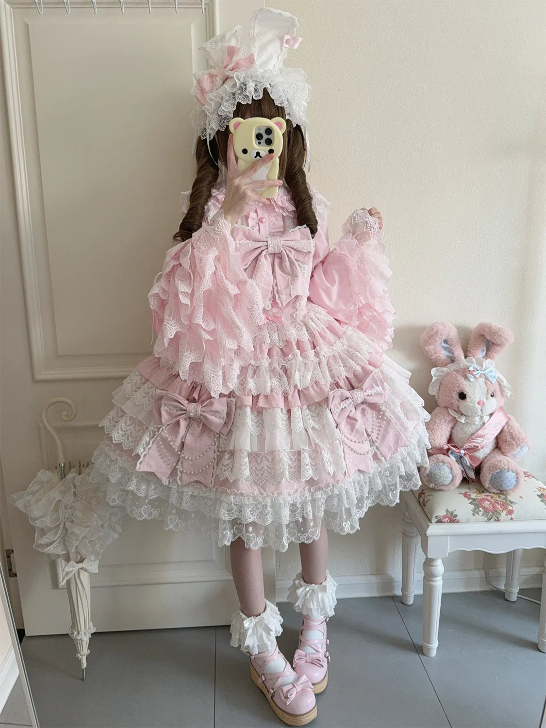 Hanguliang - Cross Heart Knot - Sweet Lolita JSK Suit Tiered Ruffles Dress with Lace Blouse