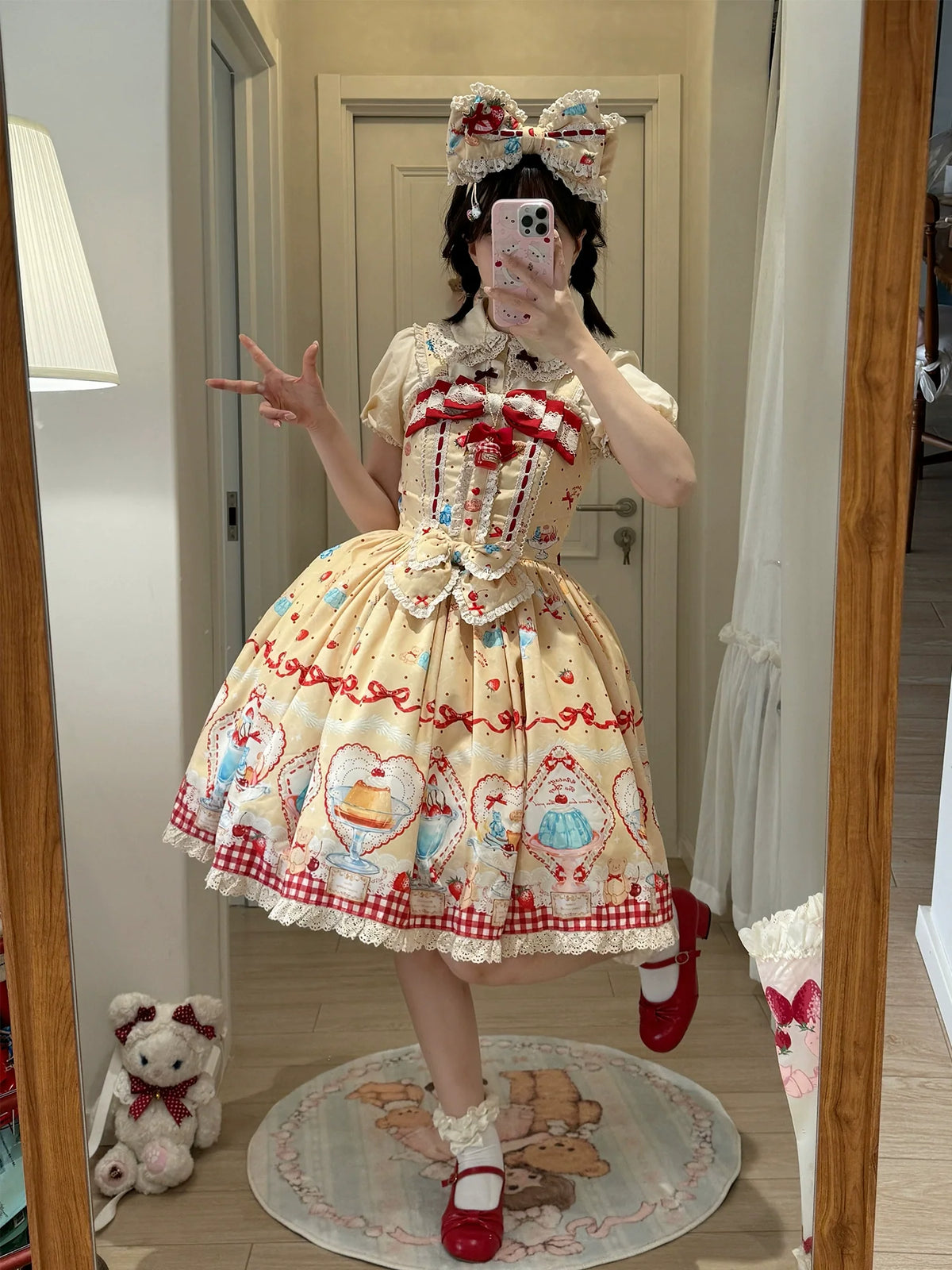 DreamWhale - Showa Dessert Showcase - Kawaii Lolita Dress Suit Pudding-Inspired JSK/Salopette