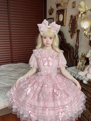 Hanguliang - Fudie Heart - Sweet Lolita JSK Dress With Tiered Skirt and Bow Trailing