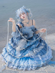 YingLuoFu - Blue Breath Jellyfish - Classic Lolita Jumper Dress, Side Zipper