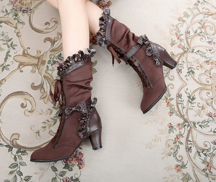 Sosic - Meteorite's Wound - Winter Gothic Lolita Boots Dark Velvet Mid-Calf Heels