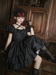 Eieyomi - Thorn Rose - Gothic Lolita Three-layer Ruffle Black OP