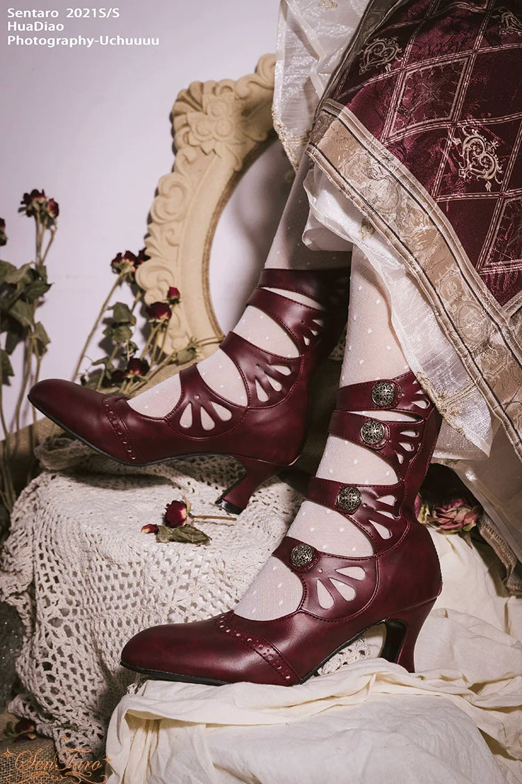 Sentaro - Floral Carved - Vintage Lolita Shoes Mary Jane Hollow-out Ankle Boots