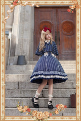 Infanta - Elegant Lolita Stripe High-waist Jumper Dress Set and Cape