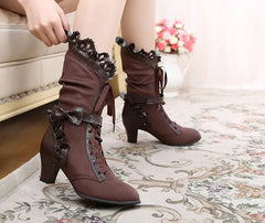 Sosic - Meteorite's Wound - Winter Gothic Lolita Boots Dark Velvet Mid-Calf Heels