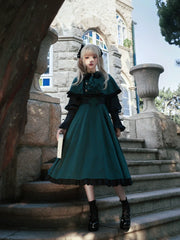 With PUJI - College of Potions - Elegantt Lolita OP Dress Black and Green Dress with Cape