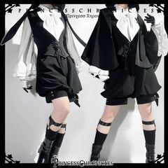 Princess Chronicles - Rabbit Feather - Black Ouji Lolita Vest Shorts Suit Prince Cloak Set