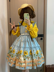Polaris Lolita - Cat and Sunflower - Sweet Lolita JSK Cat and Sunflower Print Dress and Headdress Set
