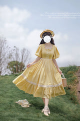 HuTaoMuJK - Belle - Yellow Lolita OP Dress Set Apron Dress Plaid Print