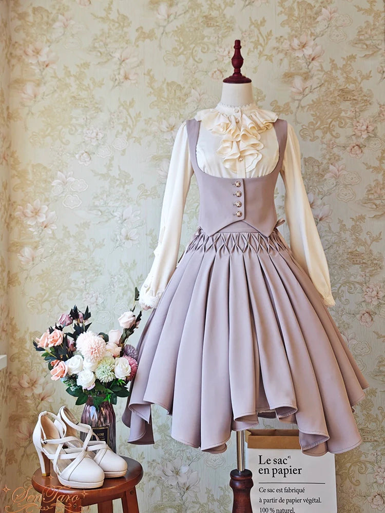 Sentaro - Pleated Irregular Knit Floral Slim Fit Vest and Half Skirt Set