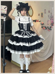 TaTaTa Lolita - Otome Heart - Cotton Old School Lolita JSK Dress Suit, Heart-Shaped Lace Trim