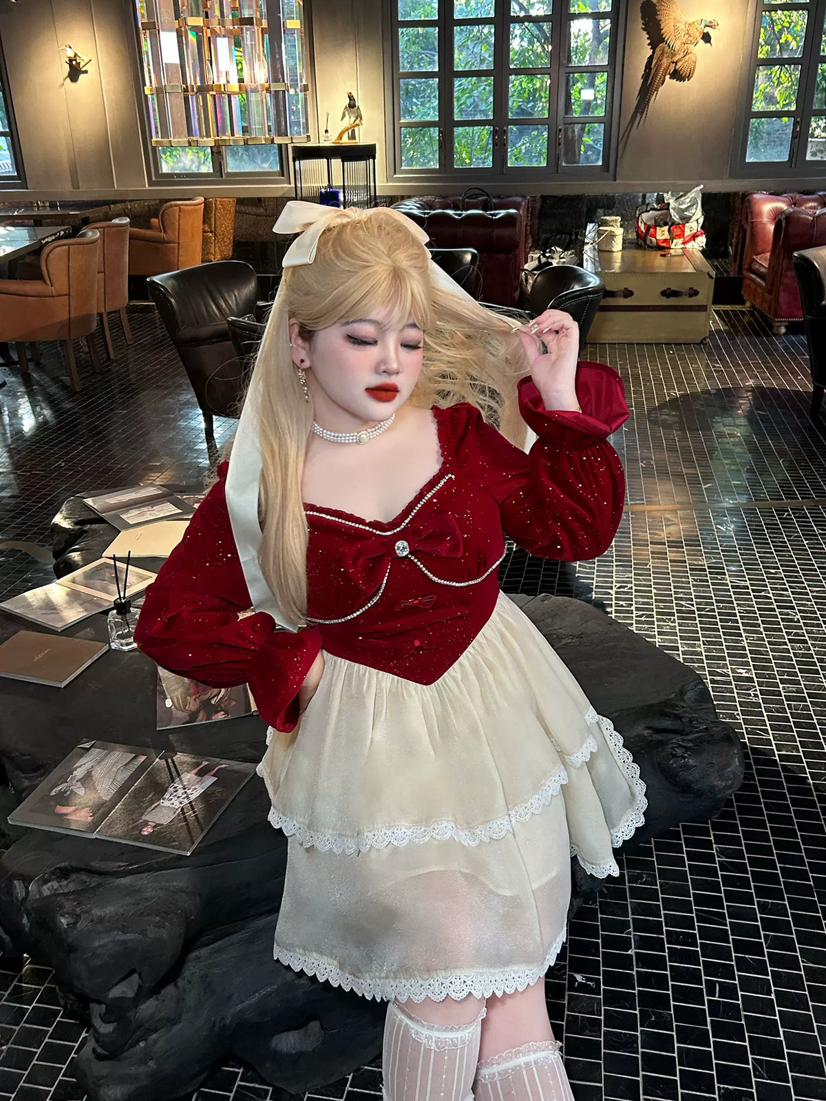 Yingtang - Plus Size Lolita Dress Velvet Long Sleeve