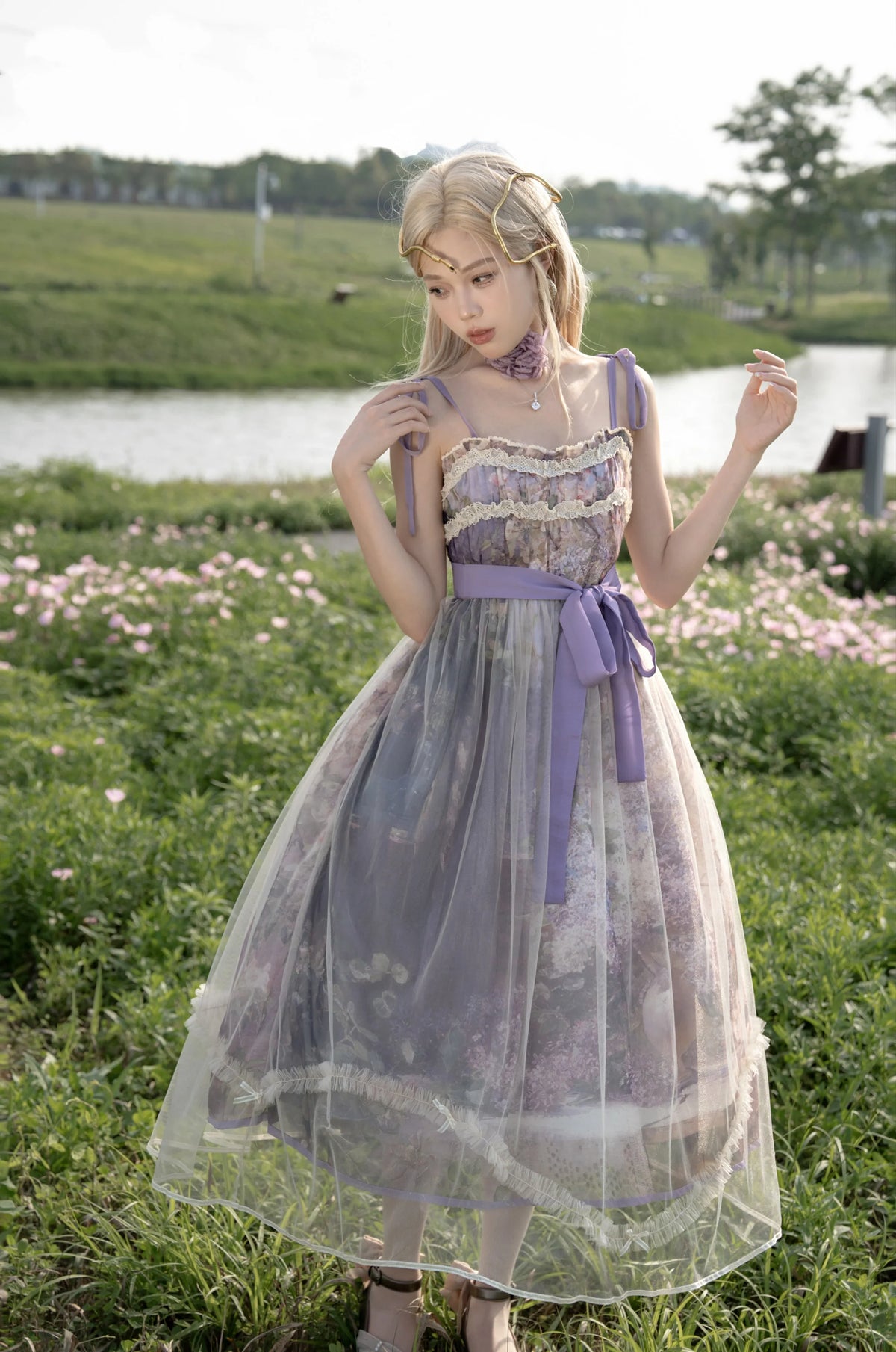 Cyan Lolita - Blooming Tree Shade - Sweet Lolita Strap JSK Bow Oil Painting Print Dress