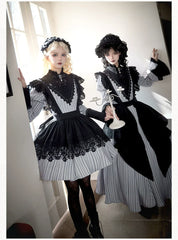 With PUJI - Nocturne SP - Striped Gothic Lolita OP Twin Lolita Dress with Apron