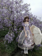 Cyan Lolita - Blooming Tree Shade - Elegant Lolita OP Oil Painting Print Bow Dress