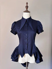 FlowerFairyDaily - Midnight Prayer - Solid Lolita Shirt with Flowing Tiered Back Hem
