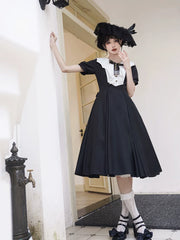 Forest Fluorescent Carps - The Rain of London - Elegant Lolita OP Dress, Bat Wing-Shaped Neckline