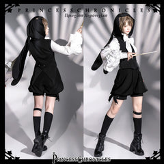 Princess Chronicles - Rabbit Feather - Black Ouji Lolita Vest Shorts Suit Prince Cloak Set