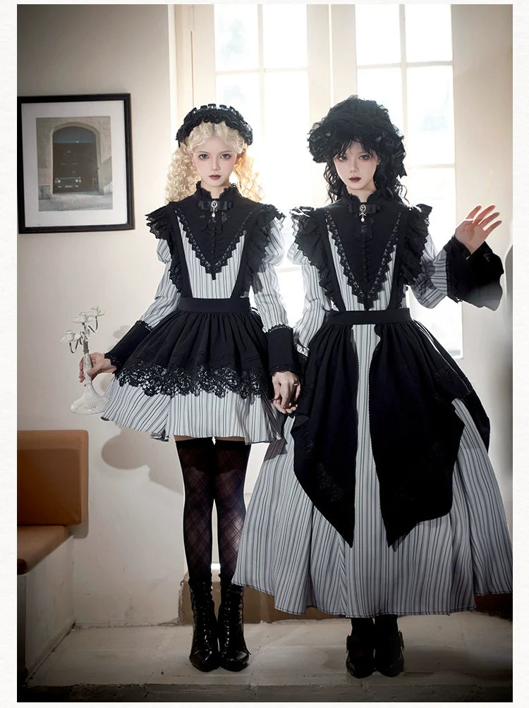 With PUJI - Nocturne SP - Striped Gothic Lolita OP Twin Lolita Dress with Apron